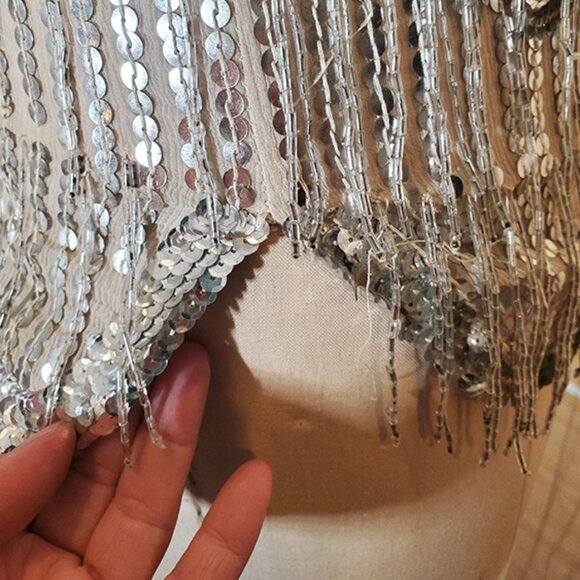 Rare Vintage Silver Glass-Beaded Fringe Silk Tee size XS / S - Picture 11 of 17